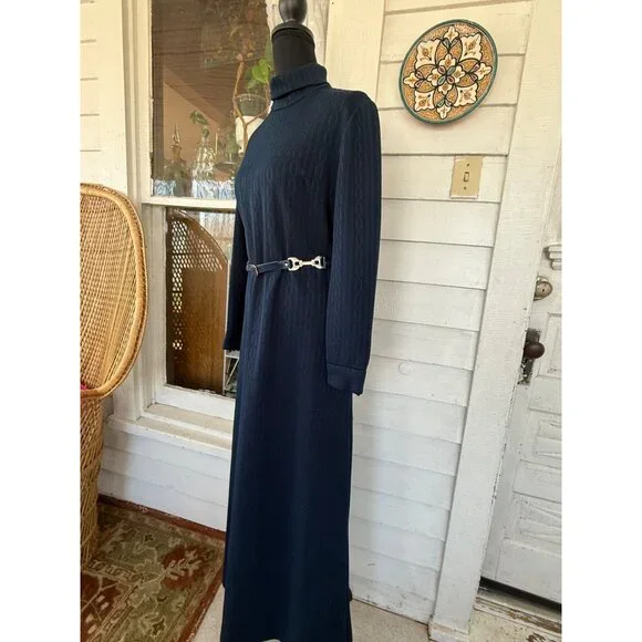 Vintage 70's Navy Blue LeRok Korell Knit Maxi Dress With Belt Sz M - Picture 15 of 16